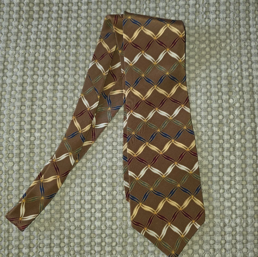 Bill Blass Black Label  Brown Designer Silk Necktie Floral Geometric Print